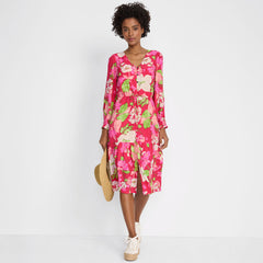 Women's Crepe Button Front Long Sleeve Midi Dress