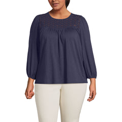 Women's Plus Size 3/4 Sleeve Eyelet Mix Flowy Top