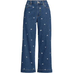 Women's Petite Soft Denim High Rise Embroidered Wide Leg Crop Jeans