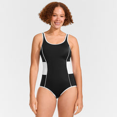 Women's Long Torso Tugless Scoop Neck Colorblock Low Leg One Piece