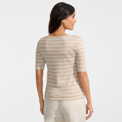 Women's Petite Supima Cotton Elbow Sleeve Boatneck Button Shoulder Tee