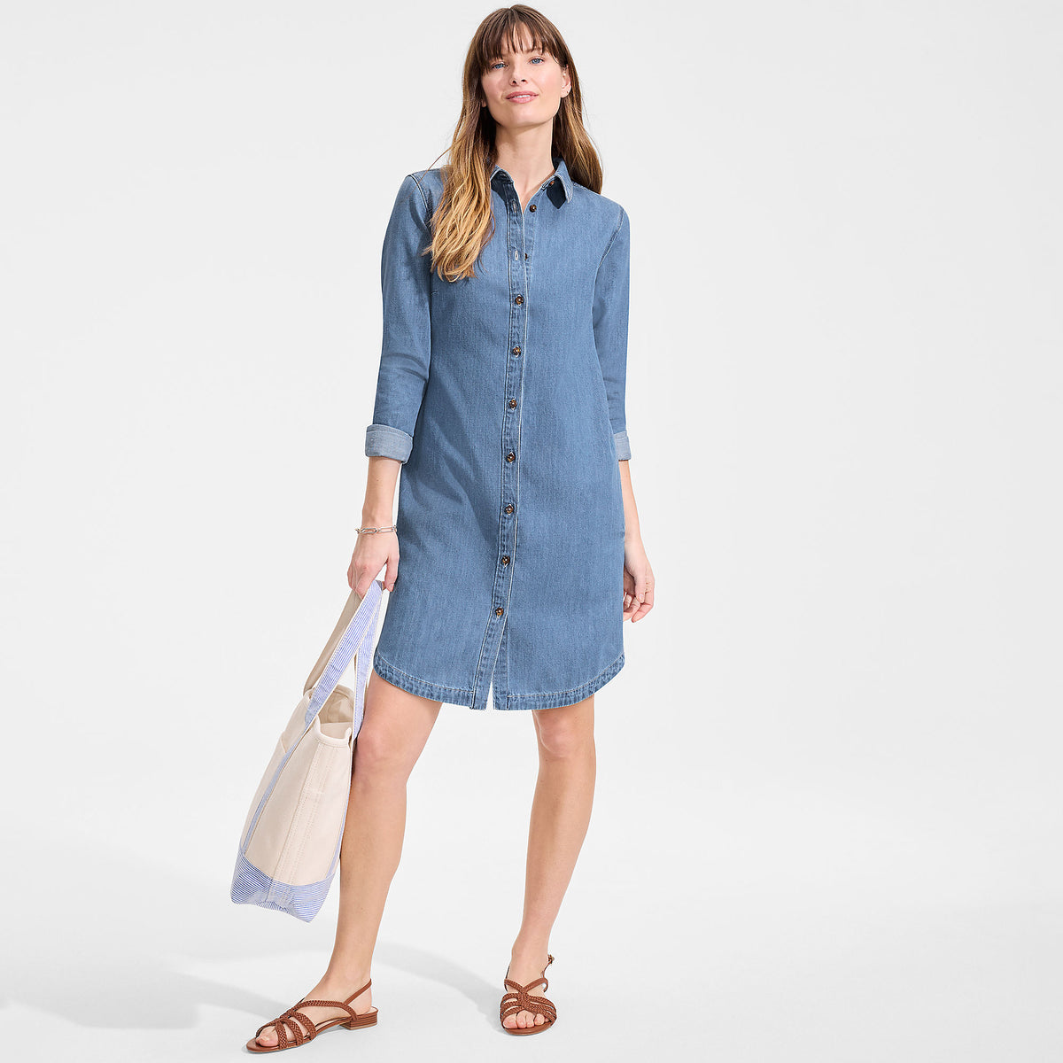 Women's Petite Light Weight Denim Long Sleeve Button Front Shirt Dress