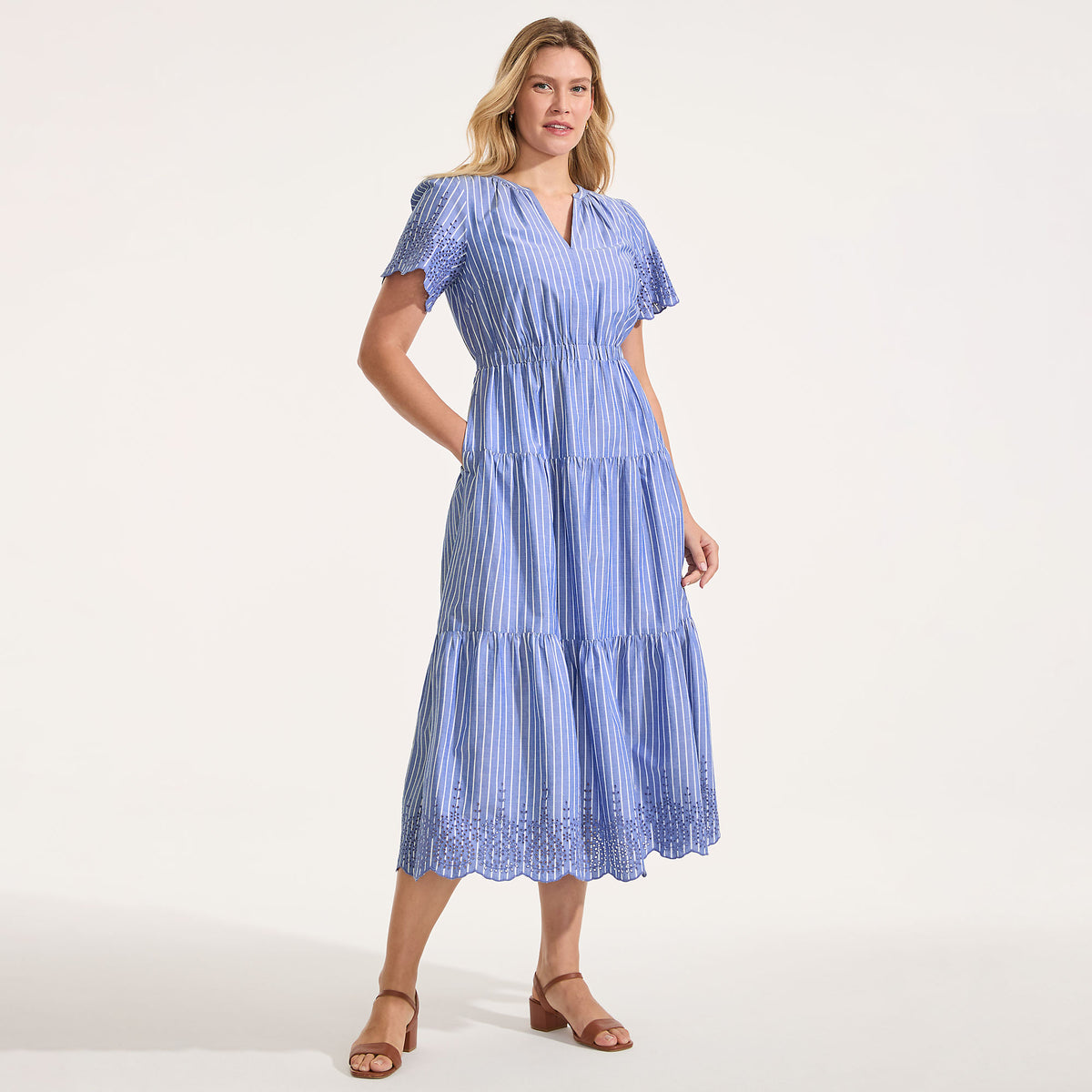 Women's Tiered Cotton Poplin Eyelet Maxi Dress