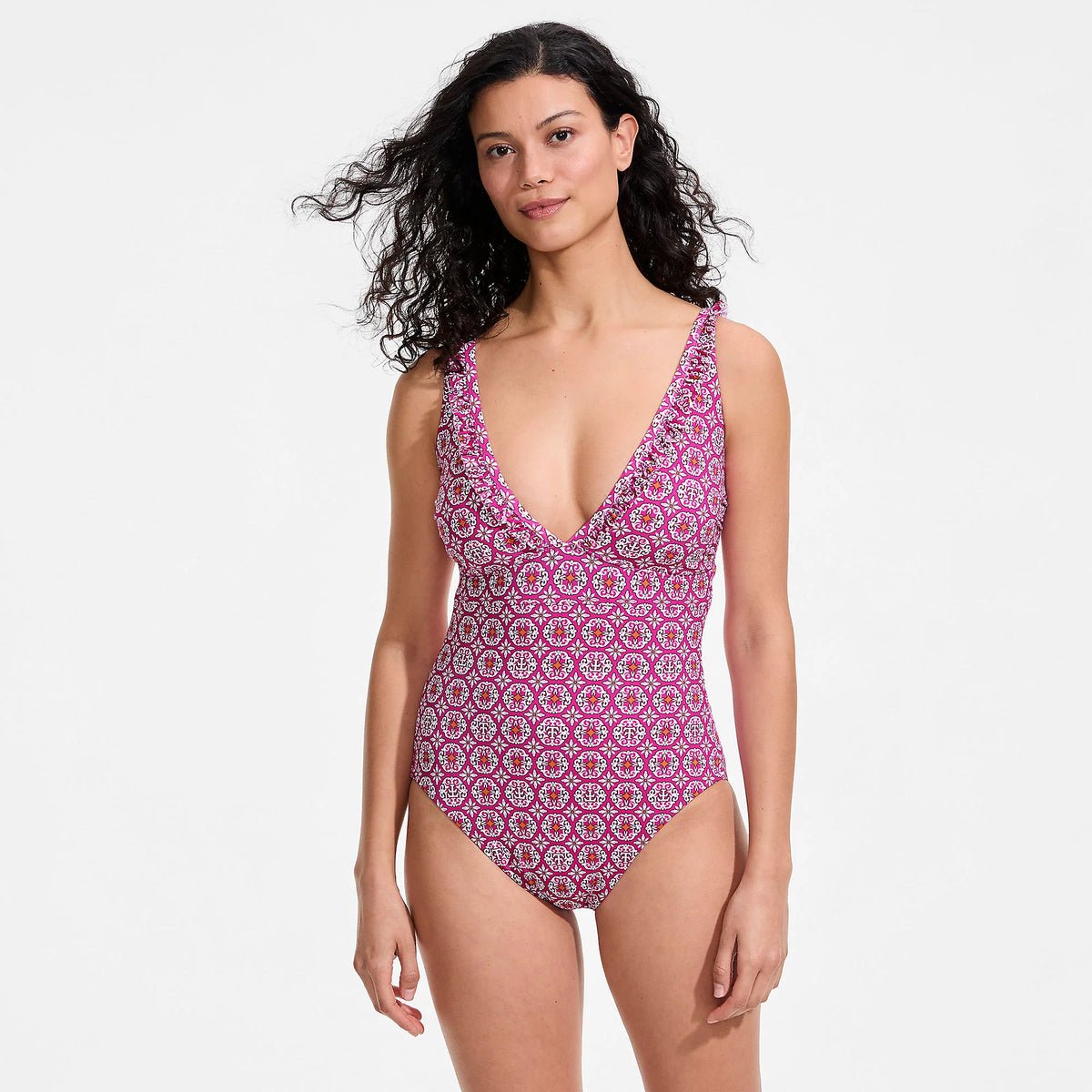 Women's Mastectomy LE x T and T The Tegan Ruffle V-Neck Plunge One Piece