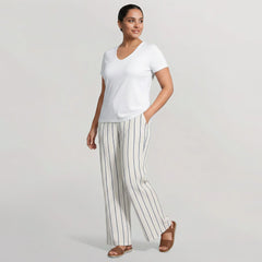 Women's Plus Size High Rise 5 Pocket Wide Leg Chino Oxford Stripe Pants