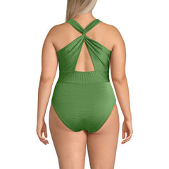 Women's Plus Size Shine Ribbed Twist Back High Leg One Piece Swimsuit