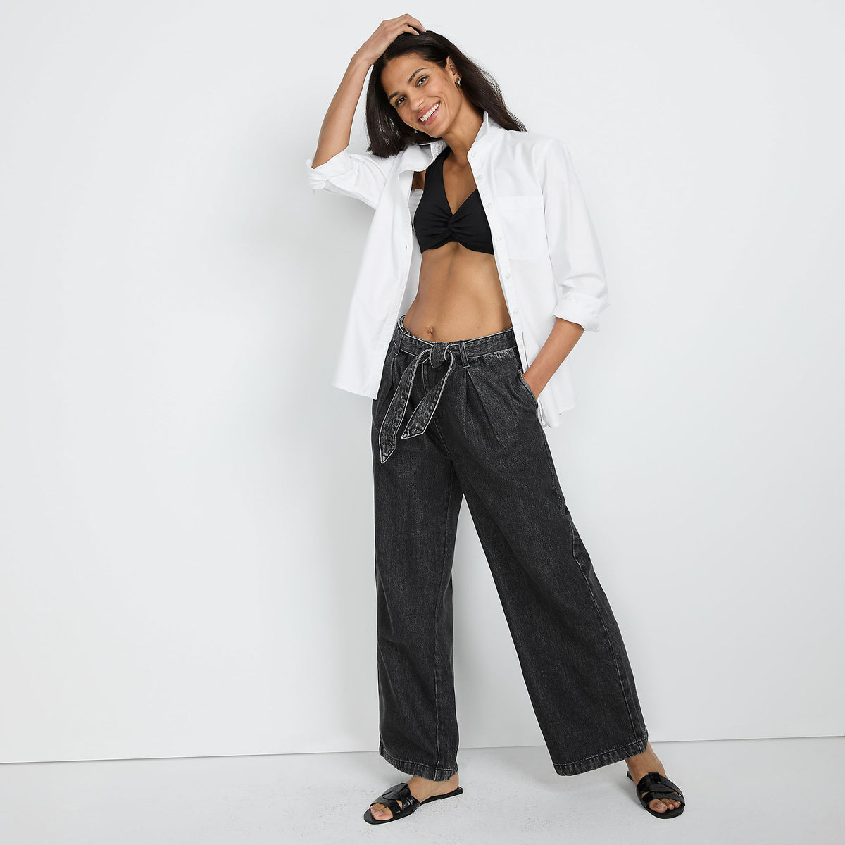 Women's Petite High Ridge Twill Pull On Pleated Wide Leg Pants