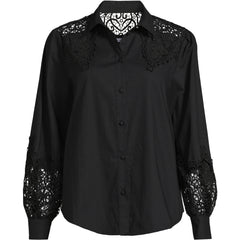 Women's Poplin Lace Inset Long Sleeve Top