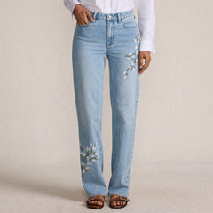 Women's Tall Soft Denim Mid Rise Relaxed Straight Leg Embroidered Jeans