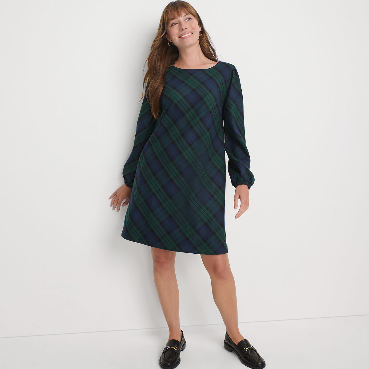 Women's Brushed Flannel Scoop Neck Long Sleeve Above Knee Dress
