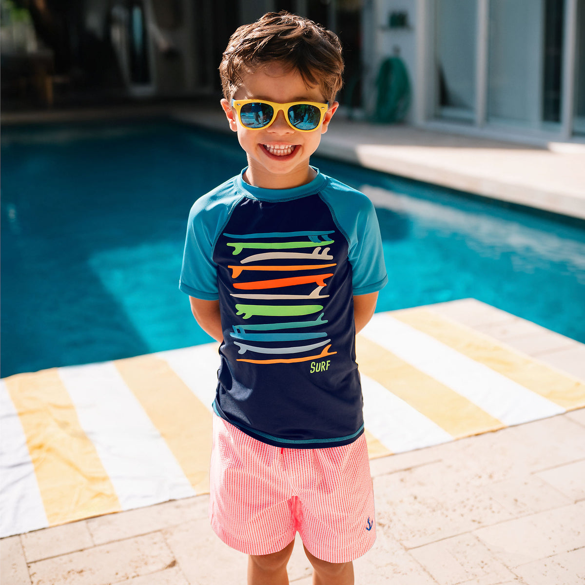 Boys Chlorine Resistant Seersucker Swim Trunks with Mesh Liner