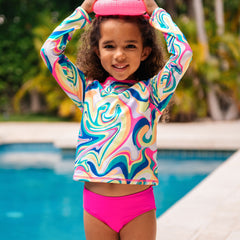 Girls Slim Chlorine Resistant Long Sleeve Rash Guard Bikini 3 Piece Swimsuit Set