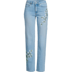 Women's Petite Soft Denim Mid Rise Relaxed Straight Leg Embroidered Jeans