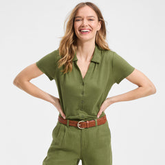 Women's Linen Blend Short Sleeve Button Front Polo Top