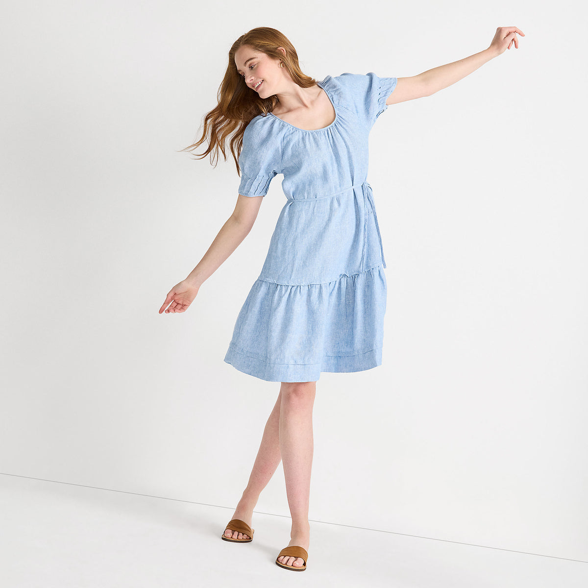 Women's Petite Puff Sleeve Pleated Linen Knee Length Dress