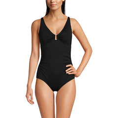 Women's Chlorine Resistant Shirred V-neck One Piece Swimsuit