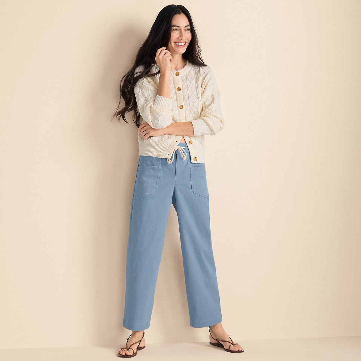 Women's Herringbone Chino High Rise Relaxed Straight Drawstring Ankle Pants