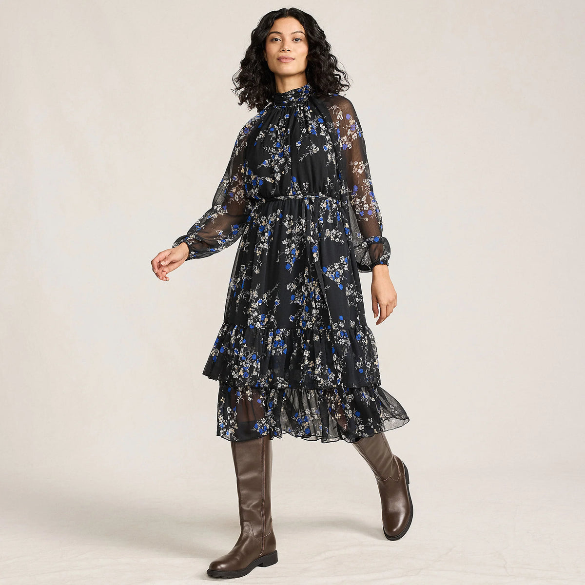 Women's Crinkle Chiffon Ruffle Dress