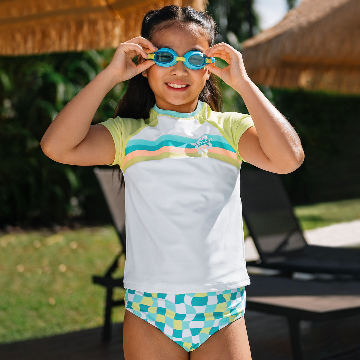 Girls Chlorine Resistant Short Sleeve Rash Guard 3 Piece Swimsuit Set