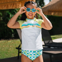 Girls Chlorine Resistant Short Sleeve Rash Guard 3 Piece Swimsuit Set