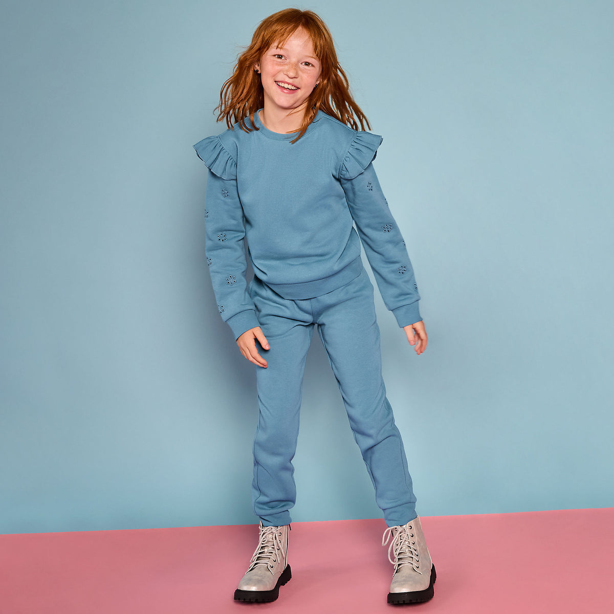 Girls Long Sleeve Cozy Fleece Ruffle Eyelet Sweatshirt