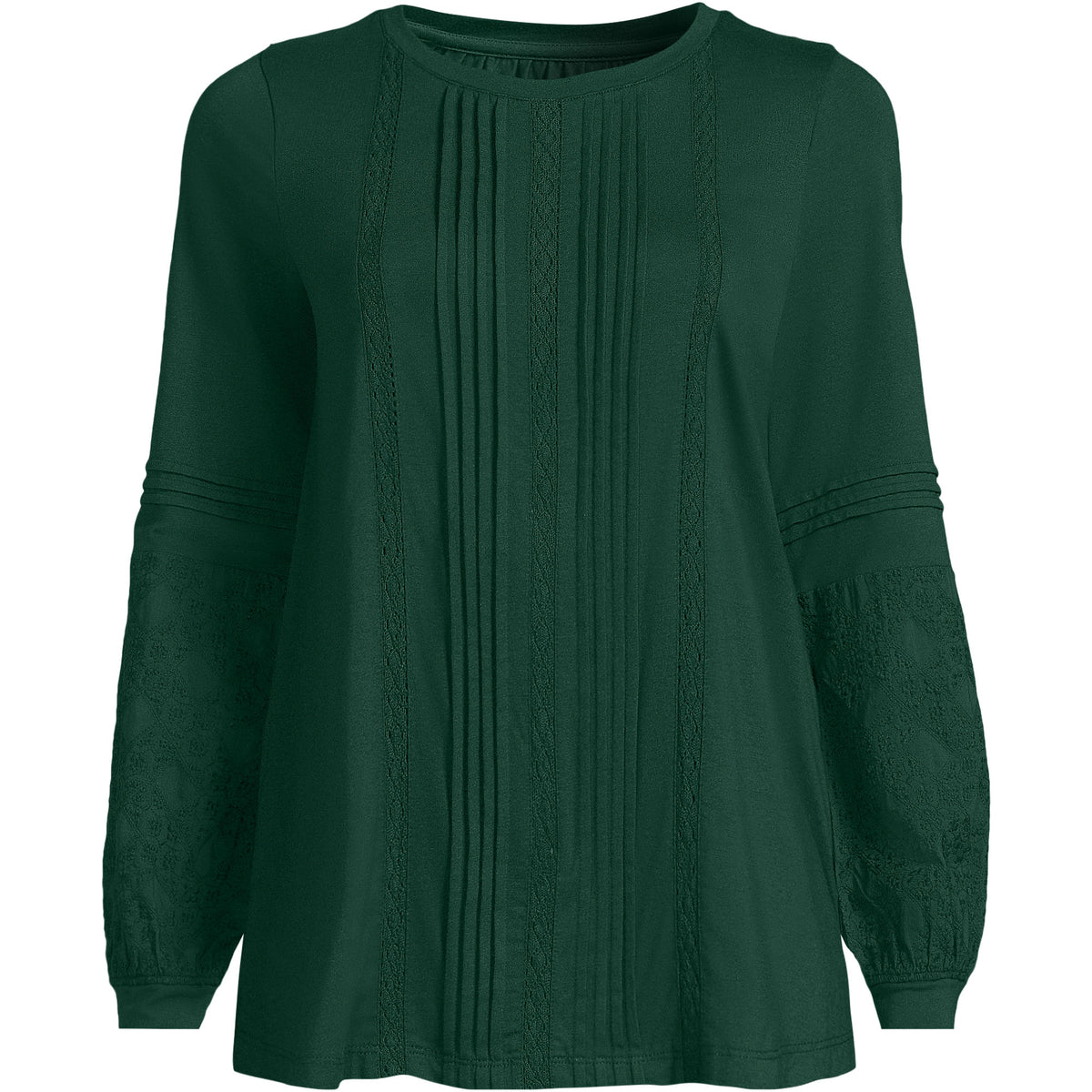 Women's Lightweight Jersey Lace Mix Long Sleeve Pintuck Top