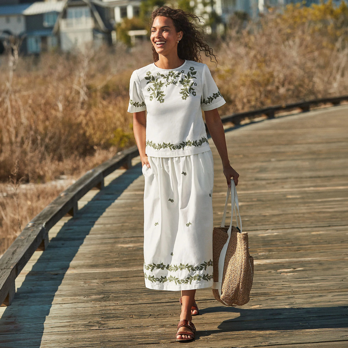Women's Poplin Smocked Embroidered High Rise Midi Skirt