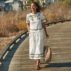 Women's Poplin Smocked Embroidered High Rise Midi Skirt