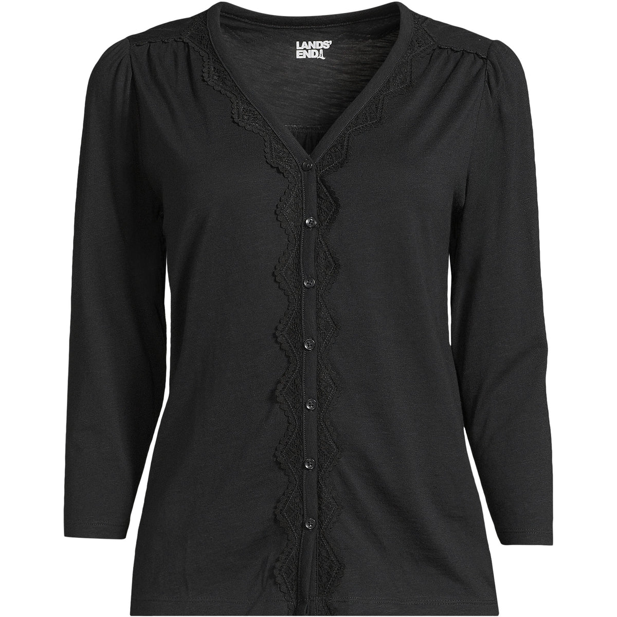 Women's Petite 3/4 Sleeve Slub V-neck Lace Trim Top