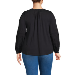 Women's Plus Size Lightweight Jersey Lace Mix Long Sleeve Pintuck Top