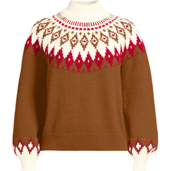 Women's Plus Size Fuzzy Turtleneck Lantern Sleeve Jacquard Sweater