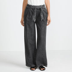 Women's Petite High Ridge Twill Pull On Pleated Wide Leg Pants