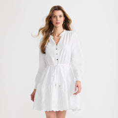 Women's Petite Long Sleeve Eyelet Mini Popover Dress