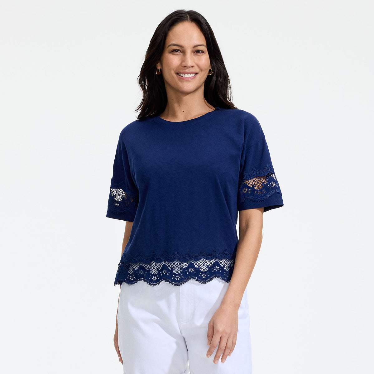 Women's Petite Short Sleeve Slub Jersey Cutwork T-Shirt
