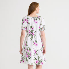 Women's Petite Puff Sleeve Pleated Linen Knee Length Dress