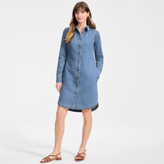 Women's Light Weight Denim Long Sleeve Button Front Shirt Dress