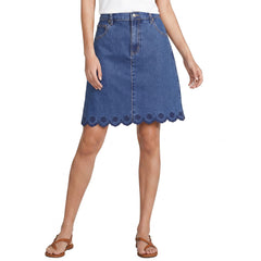 Women's Petite Soft Denim 5 Pocket Above the Knee Skirt with Embroidered Hem