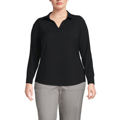 School Uniform Women's Plus Long Sleeve Polo Collar Popover Crepe Blouse