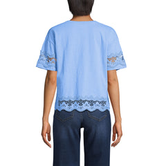 Women's Petite Short Sleeve Slub Jersey Cutwork T-Shirt