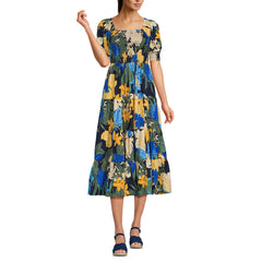 Women's Smocked Cotton Dobby Midi Puff Sleeve Dress