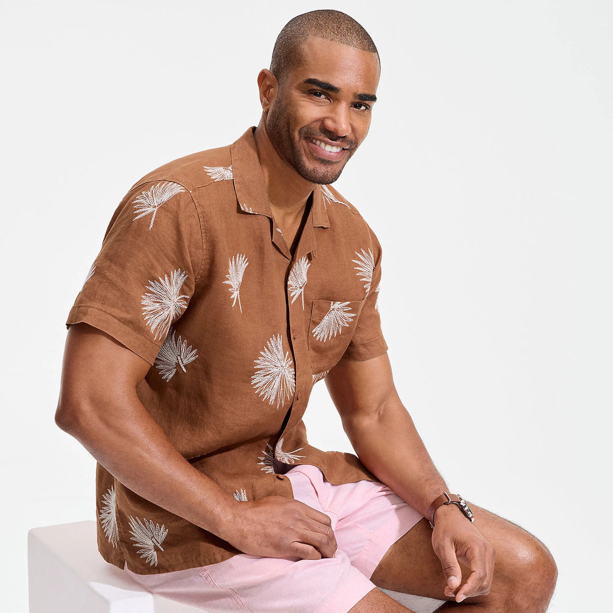 Men's Tall Short Sleeve Linen Hawaiian Camp Collar Shirt