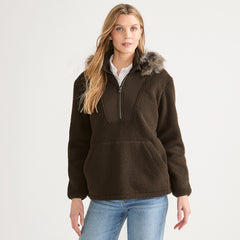 Women's Hooded Half Zip Faux Fur Sherpa Fleece Pullover
