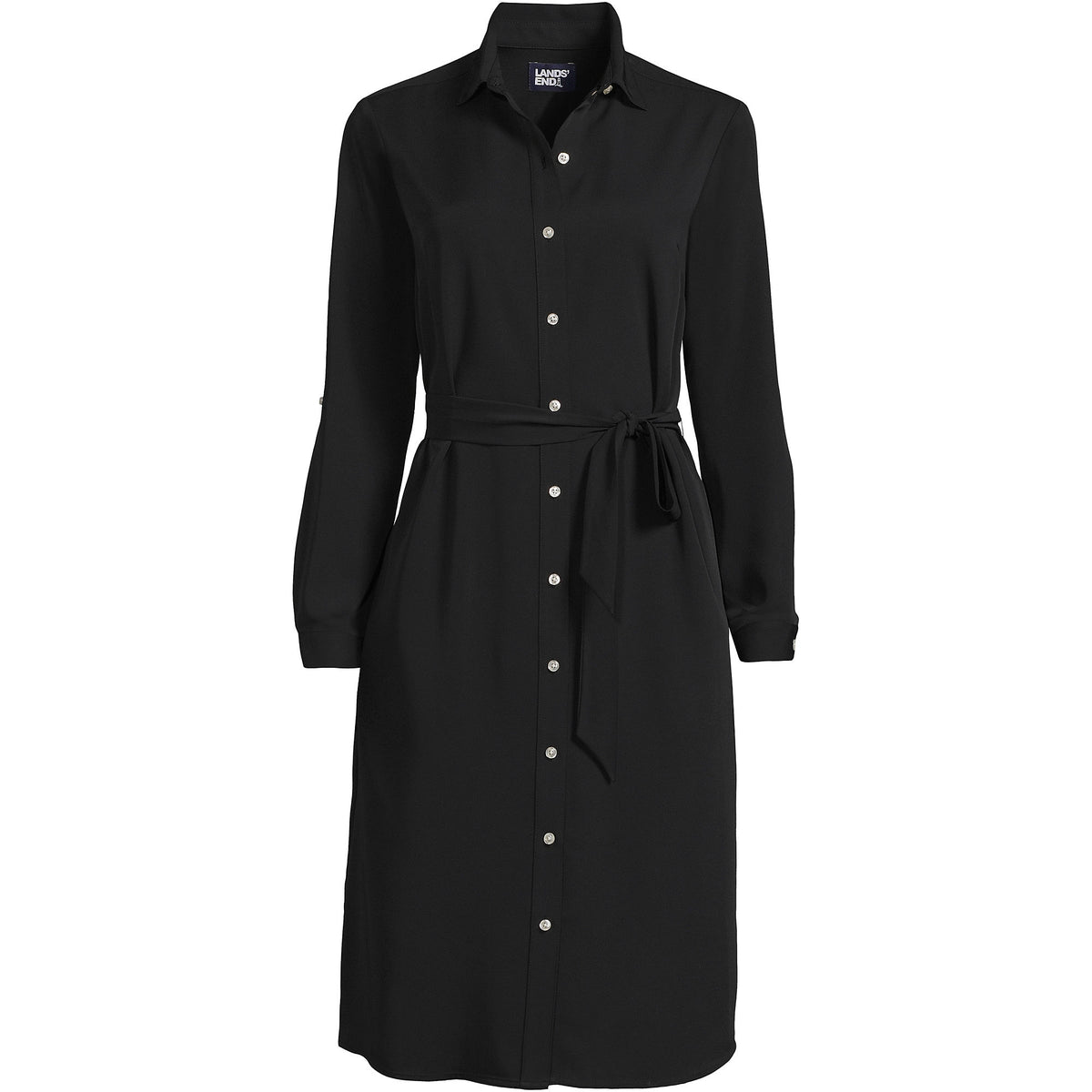 Women's Long Sleeve Twill Below Knee Belted Shirt Dress