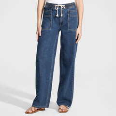 Women's Petite Lightweight Denim High Rise Relaxed Straight Pull On Pocket Jeans