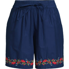 Women's Plus Size Poplin Embroidered High Rise 7" Pull On Shorts