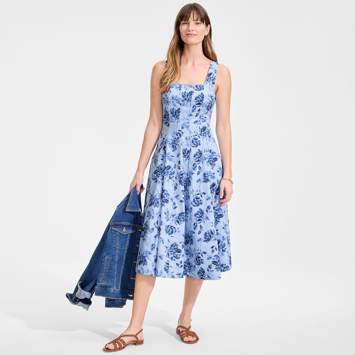 Women's Petite Princess Seamed Cotton Poplin Midi Dress