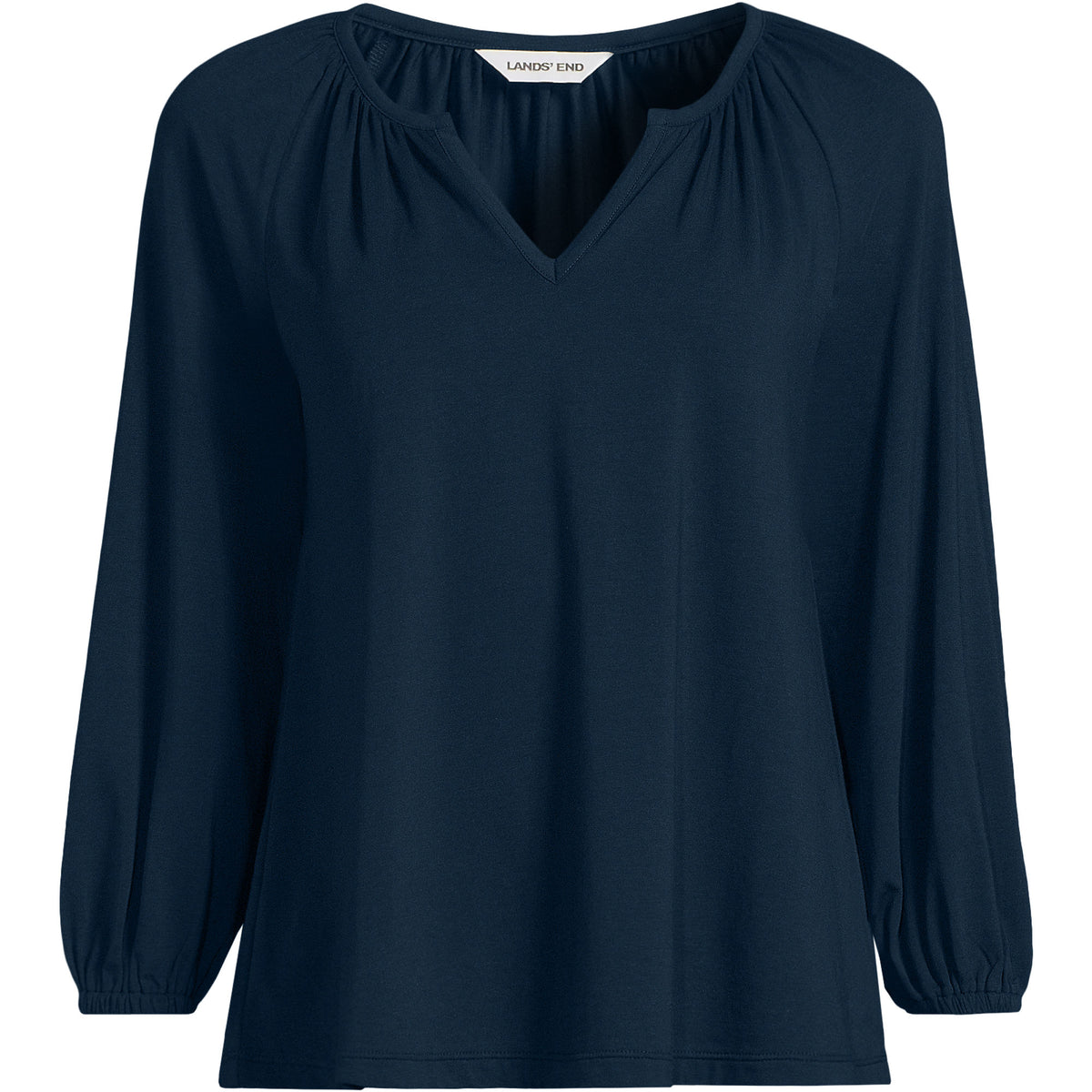 Women's Petite Lightweight Jersey 3/4 Sleeve Notch Neck Gather Blouse