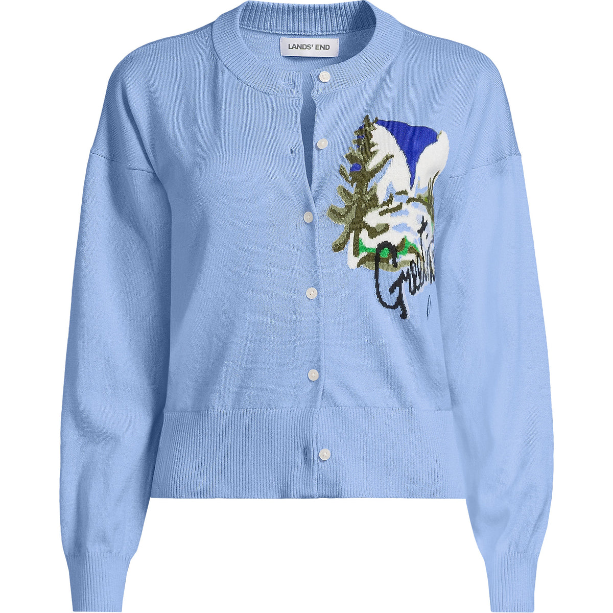 Women's Plus Size Cropped Placed Jacquard Fine Gauge Crew Neck Cardigan Sweater