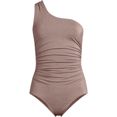 Women's Long Chlorine Resistant Shine Shirred One Shoulder High Leg One Piece Swimsuit