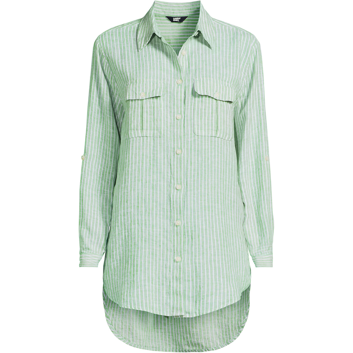 Women's Petite Linen Roll Sleeve Relaxed Tunic Top